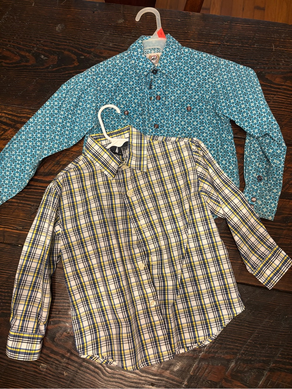 Toddler size 3 dress shirts.  Plaid Shirt - Nautica and turquoise is Cinch.